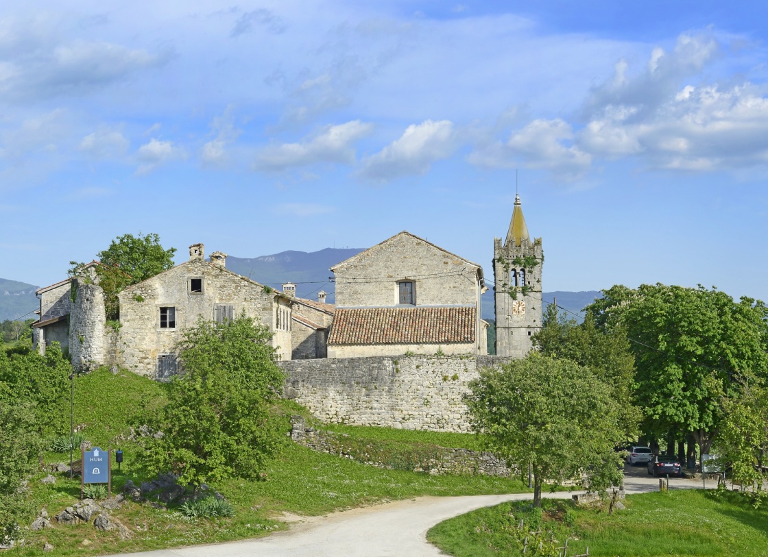 Panorama of Hum in Croatia. The old town inland the Istrian peninsula was always founded on a hill top. Hum is probably the smallest town in the world, Hum is one of the excellent sights of Istria